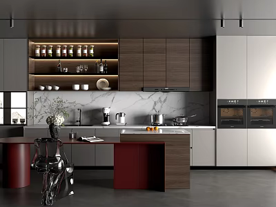 Modern Kitchen Interior Featuring Dark Wood Cabinets Marble Countertops Stainless Steel Appliances And Illuminated Shelves 3d model