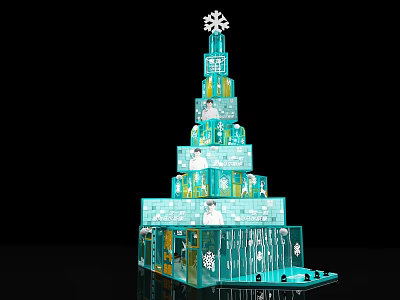 Turquoise Stacked Boxes Christmas Tree Decoration With Snowflake Top And Patterns 3d model