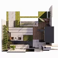 Courtyard Garden Design Featuring Stone Pathway Lawn Trees Wooden Structure And Outdoor Seating
