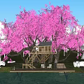 Park Landscape Featuring Pink Cherry Blossom Tree Treehouse Water Area Grassland and Blue Sky