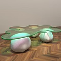 Modern Coffee Table With Transparent Glass Top And Illuminated White Organic Legs On Herringbone Floor