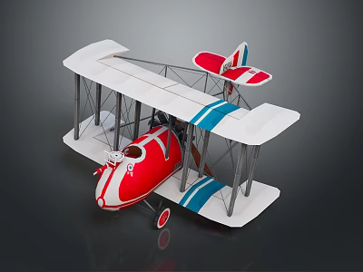 Vintage Biplane Model With Red Fuselage White Wings And Blue Stripes On Gray Background 3d model