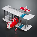 Vintage Biplane Model With Red Fuselage White Wings And Blue Stripes On Gray Background
