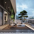 Modern Balcony Outdoor Relaxation Area With Wicker Chairs Swing Seat And Green Plants