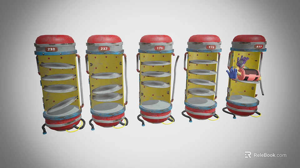 Multiple Cylindrical Industrial Equipment Units With Red Tops Blue Bases Shelves And Wheels 3d model 