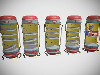 Multiple Cylindrical Industrial Equipment Units With Red Tops Blue Bases Shelves And Wheels 3d model