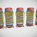 Multiple Cylindrical Industrial Equipment Units With Red Tops Blue Bases Shelves And Wheels