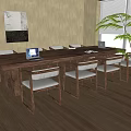 Solid Wood Conference Table with Chairs Laptop and Plant in Modern Room with Wall Art