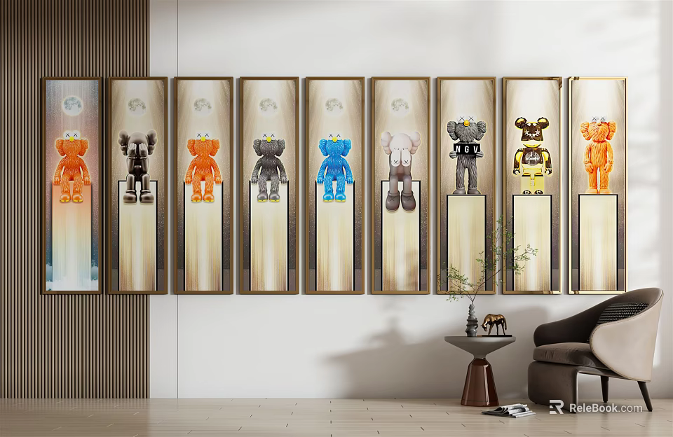 Colorful Collectible Bearbrick Figures Framed On Wall In Modern Interior 3d model 