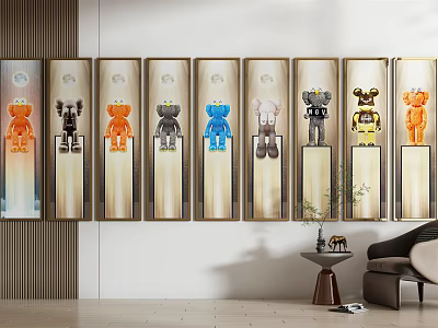 Colorful Collectible Bearbrick Figures Framed On Wall In Modern Interior 3d model