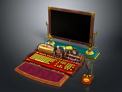 Vintage Wooden Framed Monitor Workstation With Red Typewriter Keyboard Gold Accents And Cartoon Mouse 3d model