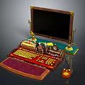 Vintage Wooden Framed Monitor Workstation With Red Typewriter Keyboard Gold Accents And Cartoon Mouse