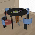 Modern Round Dining Table Set With Blue Backrest Red Seat Chairs Metal Legs Wooden Floor