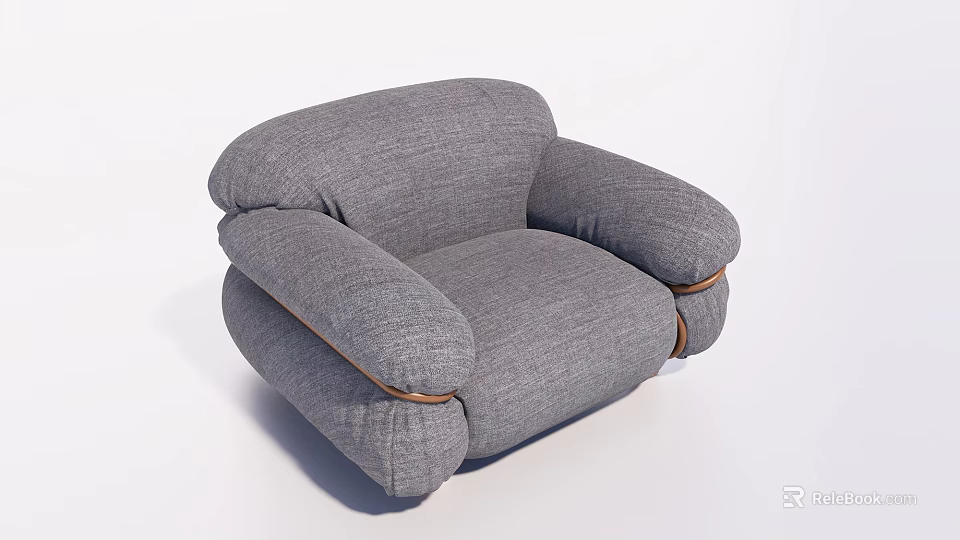 Gray Fabric Single Sofa With Rounded Armrests And Brown Trim Details 3d model