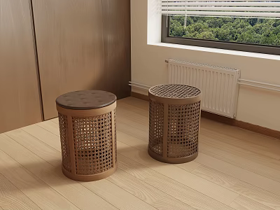Brown Perforated Trash Cans Placed On Wooden Floor In Indoor Setting With Window 3d model