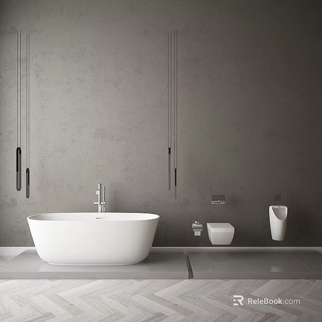 Sleek Modern Bathroom Interior With Gray Walls White Bathtub Toilet And Pendant Lights 3d model 