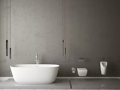 Sleek Modern Bathroom Interior With Gray Walls White Bathtub Toilet And Pendant Lights 3d model