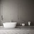 Sleek Modern Bathroom Interior With Gray Walls White Bathtub Toilet And Pendant Lights