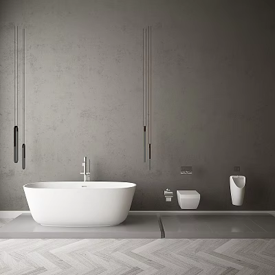 Sleek Modern Bathroom Interior With Gray Walls White Bathtub Toilet And Pendant Lights 3d model