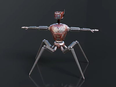 Metallic Robotic Creature With Red Textured Body And Multiple Legs Design 3d model