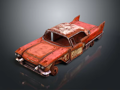 Rusty Red Classic Old Car With Weathered Body And Tail Fin Design 3d model