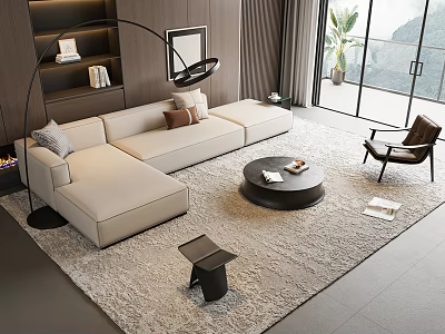 Modern Beige L shaped Sofa and Black Coffee Table Set with Floor Lamp and Green Plant 3d model