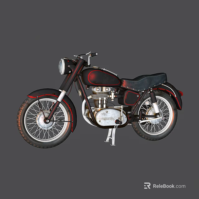 Vintage Black and Red Motorcycle with Round Headlight and Spoked Wheels 3d model 