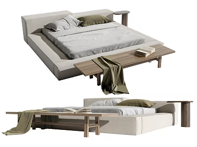 Modern Double Bed with Linen Upholstered Headboard Wooden Bench and Pillows 3d model