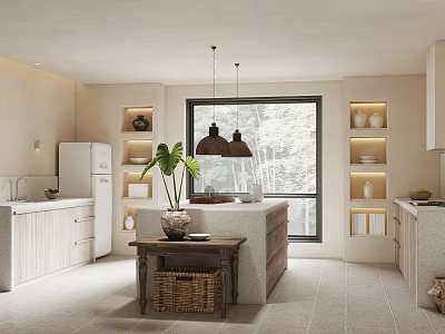 Modern Kitchen Interior With Island Counter Pendant Lights Plant And Wall Shelves 3d model