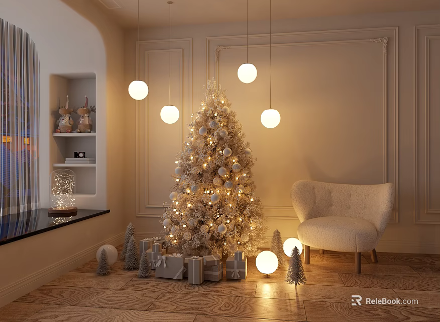Christmas Art Installation With Decorative Pendant Lights Illuminated Tree Gift Boxes And Cozy Armchair 3d model 