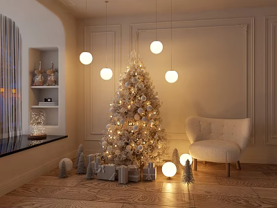 Christmas Art Installation With Decorative Pendant Lights Illuminated Tree Gift Boxes And Cozy Armchair 3d model