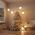 Christmas Art Installation With Decorative Pendant Lights Illuminated Tree Gift Boxes And Cozy Armchair