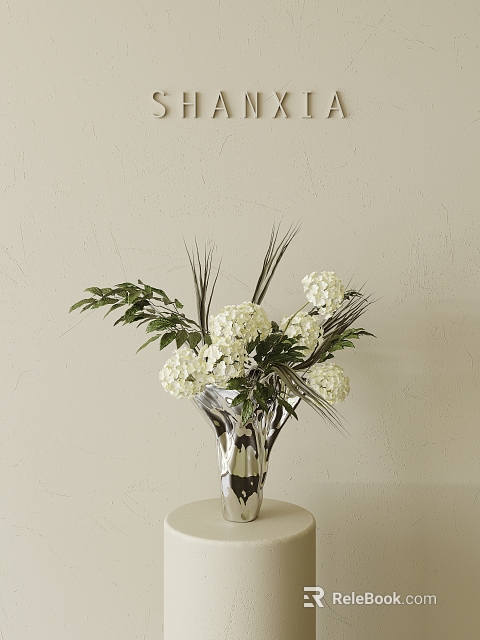 Elegant Silver Vase Floral Arrangement With White Hydrangeas Green Leaves And Reed Grass 3d model 