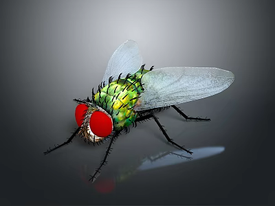 Close up View of Fly with Red Eyes Green Body and Transparent Wings 3d model