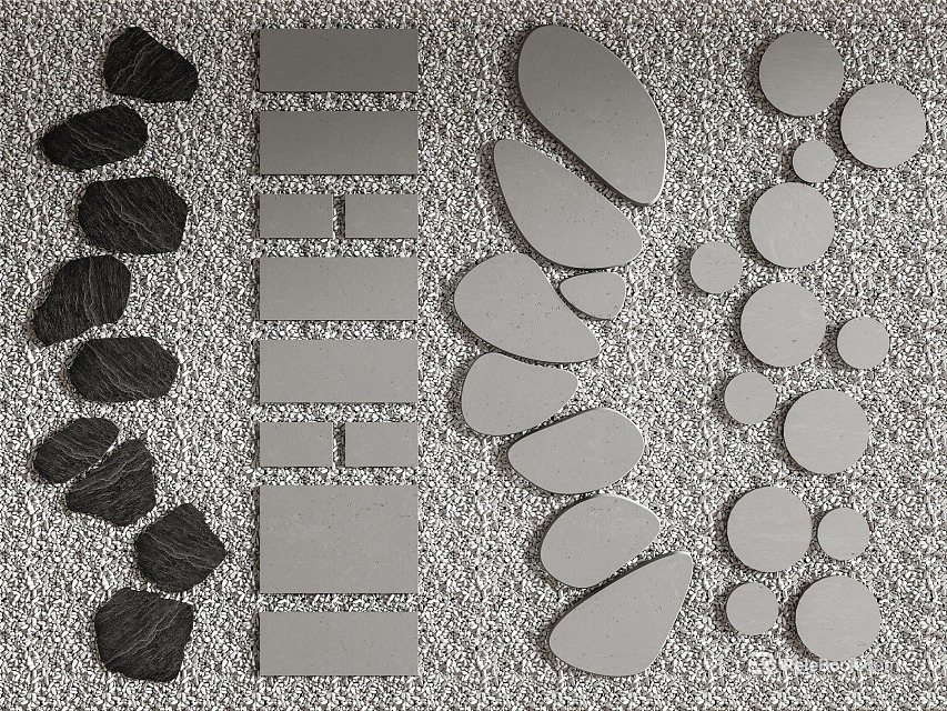 Various Shaped Stepping Stones With Circular Oval And Rectangular Stone Slabs For Garden Pathway 3d model 