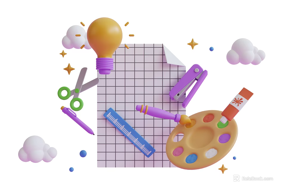 Grid Paper Notebook With Creative Stationery Tools Light Bulb And Paint Palette 3d model 