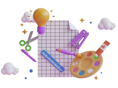 Grid Paper Notebook With Creative Stationery Tools Light Bulb And Paint Palette 3d model