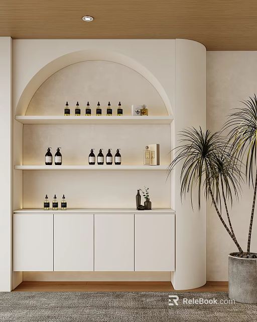 Modern White Display Shelves with Multiple Layers Decorative Bottles and Indoor Plant Minimalist Design 3d model 
