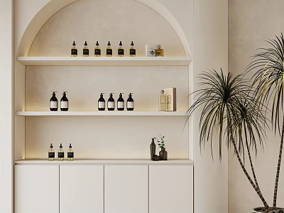 Modern White Display Shelves with Multiple Layers Decorative Bottles and Indoor Plant Minimalist Design 3d model