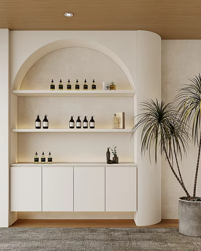 Modern White Display Shelves with Multiple Layers Decorative Bottles and Indoor Plant Minimalist Design 3d model