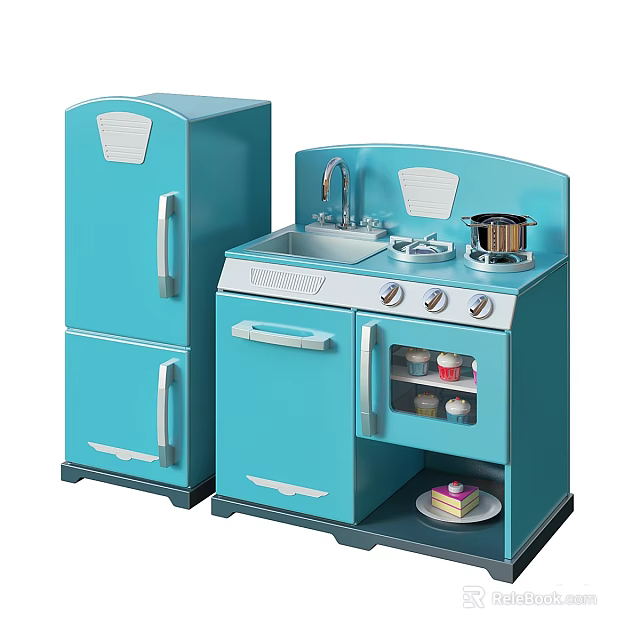 Blue Toy Kitchen Set Featuring Cabinets Stove Sink and Inside Storage Space 3d model