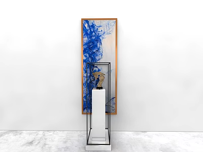 Modern Coffee Table With Metal Frame Glass Top And Blue Abstract Painting On White Wall 3d model