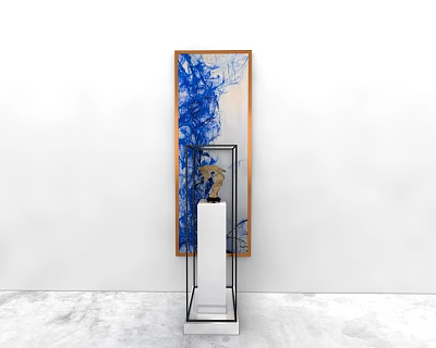 Modern Coffee Table With Metal Frame Glass Top And Blue Abstract Painting On White Wall 3d model