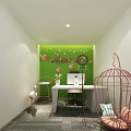 Public Office Space With White Desk Apple Computer Ring Light And Colorful Balloons