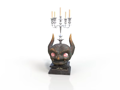 Ornate Horned Sculpture With Candelabra Red Eyes And Five Candles 3d model