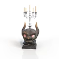 Ornate Horned Sculpture With Candelabra Red Eyes And Five Candles