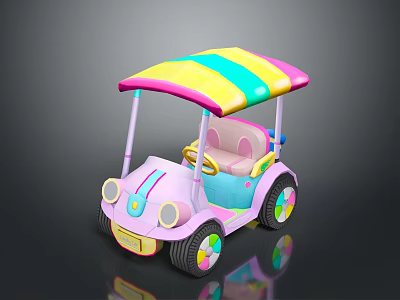 Cute Children's Toy Car With Pink Body Colorful Striped Canopy And Wheels 3d model