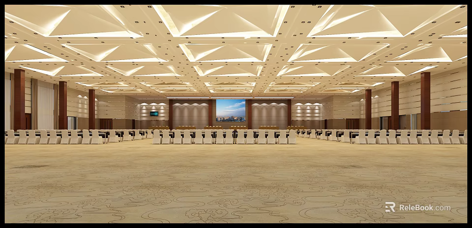 Spacious Modern Banquet Hall Interior With Geometric Ceiling Lighting Large Screen And Arranged Seats 3d model 