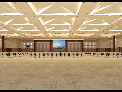 Spacious Modern Banquet Hall Interior With Geometric Ceiling Lighting Large Screen And Arranged Seats 3d model