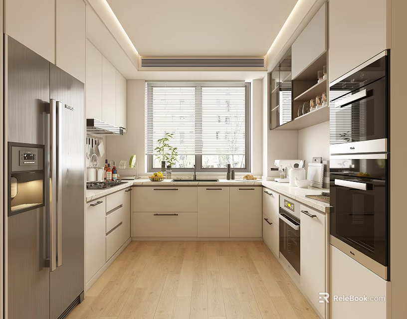 Modern Kitchen Interior With White Cabinets Stainless Steel Refrigerator And Wooden Floor 3d model 
